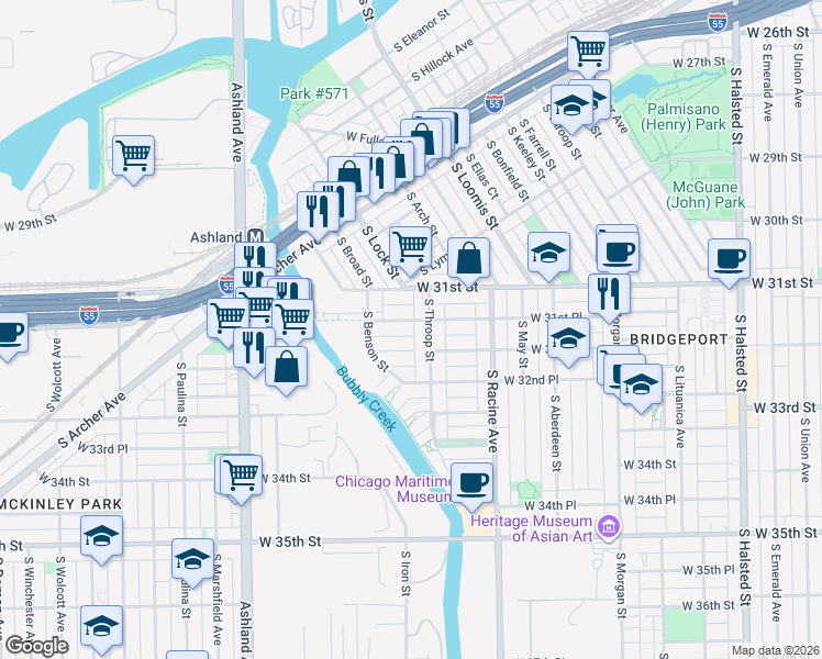 map of restaurants, bars, coffee shops, grocery stores, and more near 3144 South Throop Street in Chicago
