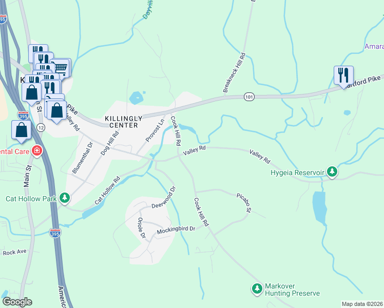 map of restaurants, bars, coffee shops, grocery stores, and more near 127 Valley Road in Killingly