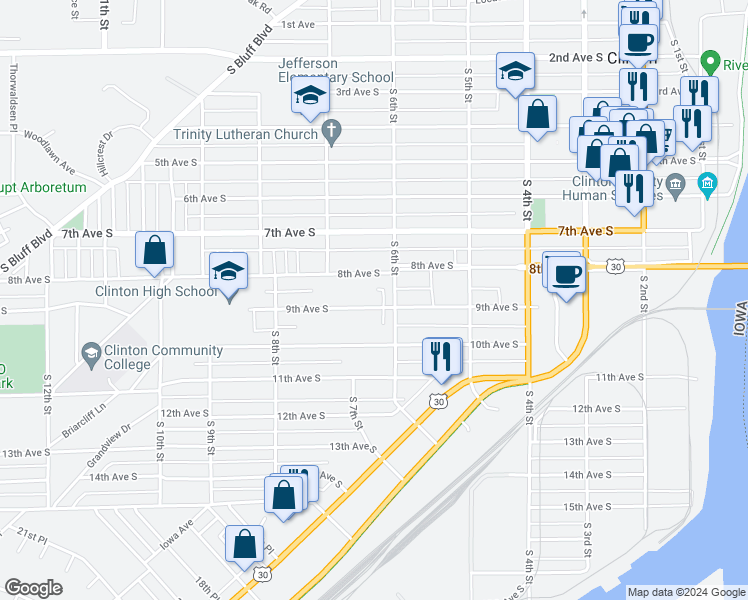 map of restaurants, bars, coffee shops, grocery stores, and more near 618 9th Avenue South in Clinton