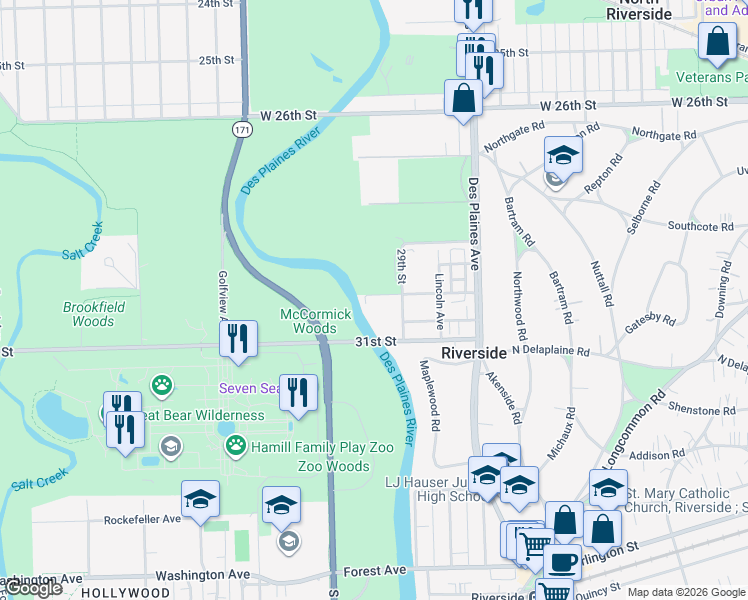 map of restaurants, bars, coffee shops, grocery stores, and more near 8213 West 30th Street in North Riverside