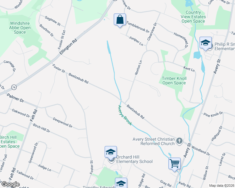 map of restaurants, bars, coffee shops, grocery stores, and more near 186 Beelzebub Road in South Windsor