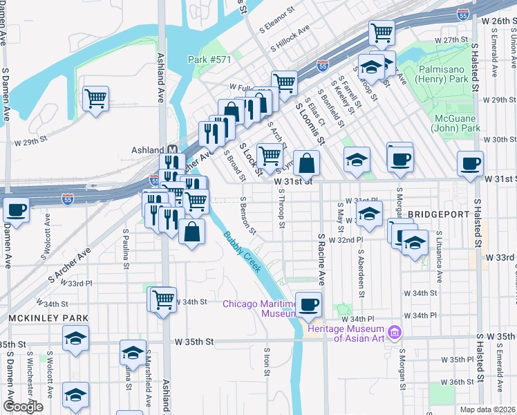 map of restaurants, bars, coffee shops, grocery stores, and more near 1339 West 31st Place in Chicago