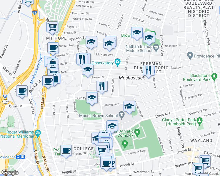 map of restaurants, bars, coffee shops, grocery stores, and more near 104 Carrington Avenue in Providence