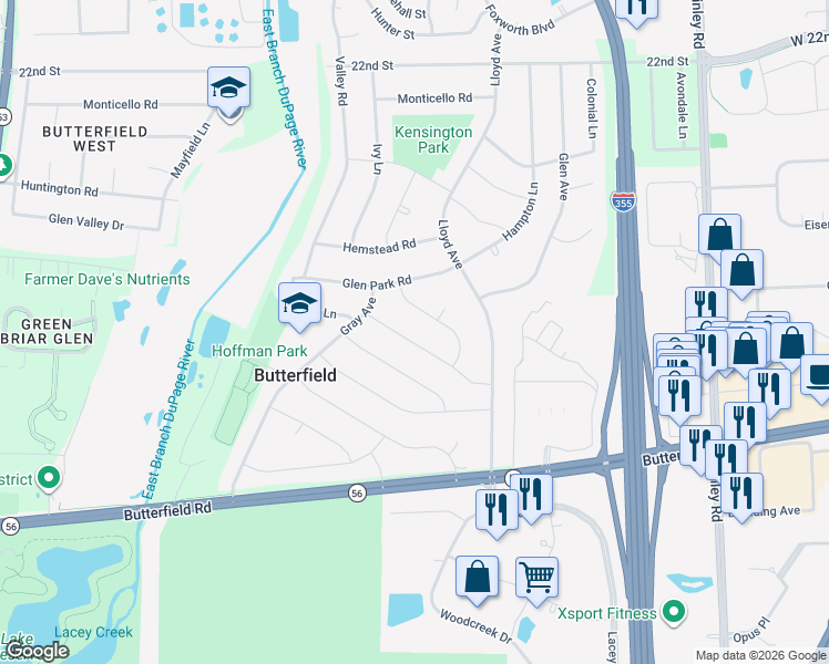 map of restaurants, bars, coffee shops, grocery stores, and more near 21W165 Everest Road in Lombard