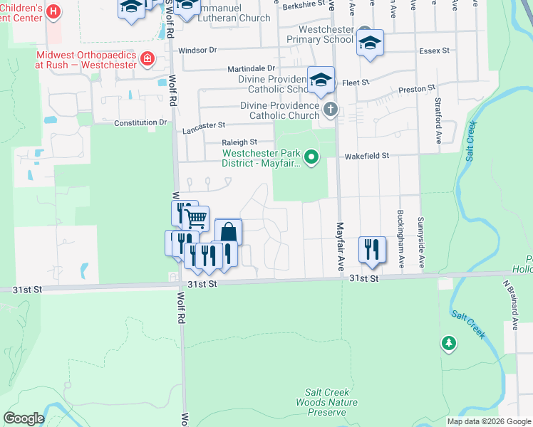 map of restaurants, bars, coffee shops, grocery stores, and more near 2857 Ashton Court in Westchester