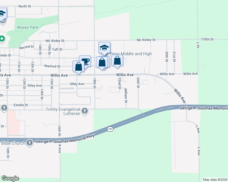 map of restaurants, bars, coffee shops, grocery stores, and more near 2908 Kading Road in Perry