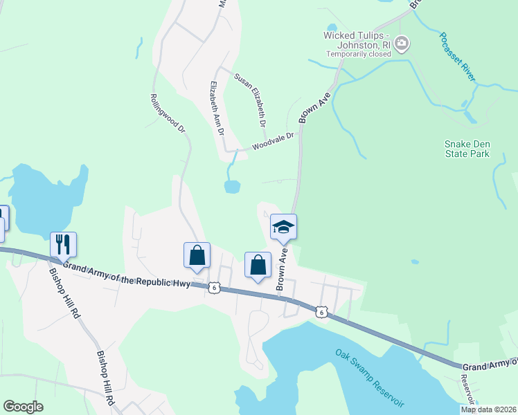 map of restaurants, bars, coffee shops, grocery stores, and more near 10 Wood Drive in Johnston