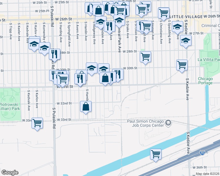 map of restaurants, bars, coffee shops, grocery stores, and more near 3619 West 31st Street in Chicago
