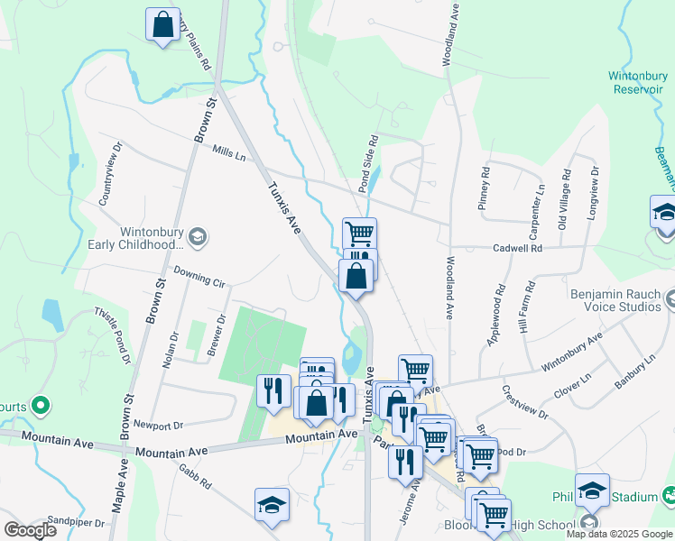 map of restaurants, bars, coffee shops, grocery stores, and more near 56 Tunxis Avenue in Bloomfield