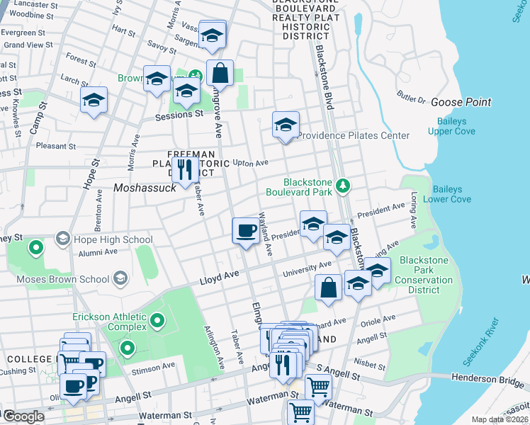 map of restaurants, bars, coffee shops, grocery stores, and more near 425 Wayland Avenue in Providence