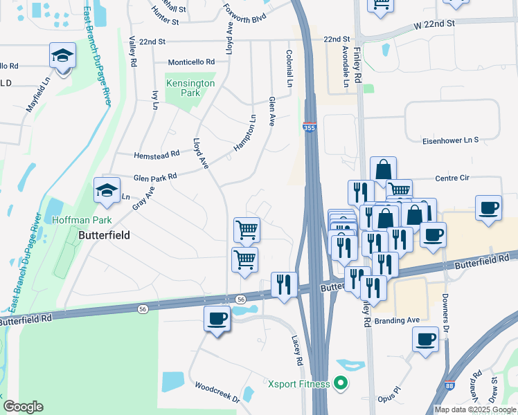map of restaurants, bars, coffee shops, grocery stores, and more near Gabriella Street in Downers Grove