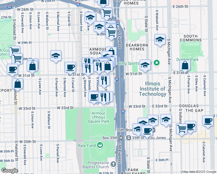 map of restaurants, bars, coffee shops, grocery stores, and more near 3160 South Wells Street in Chicago