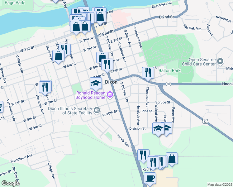 map of restaurants, bars, coffee shops, grocery stores, and more near 806 South Galena Avenue in Dixon
