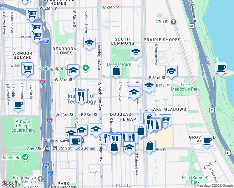map of restaurants, bars, coffee shops, grocery stores, and more near 3154 South Prairie Avenue in Chicago