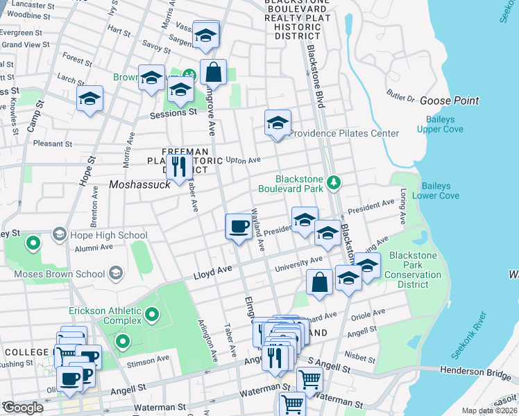 map of restaurants, bars, coffee shops, grocery stores, and more near 146 Everett Avenue in Providence