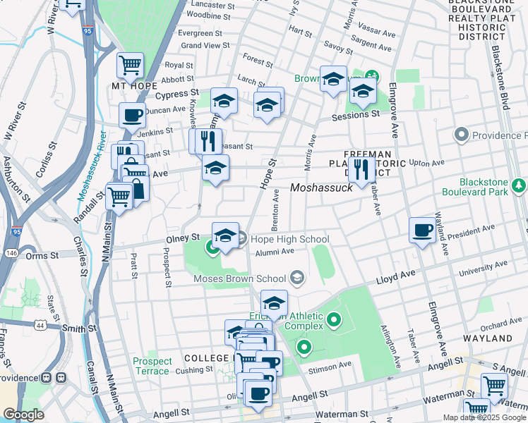 map of restaurants, bars, coffee shops, grocery stores, and more near 24 Brenton Avenue in Providence