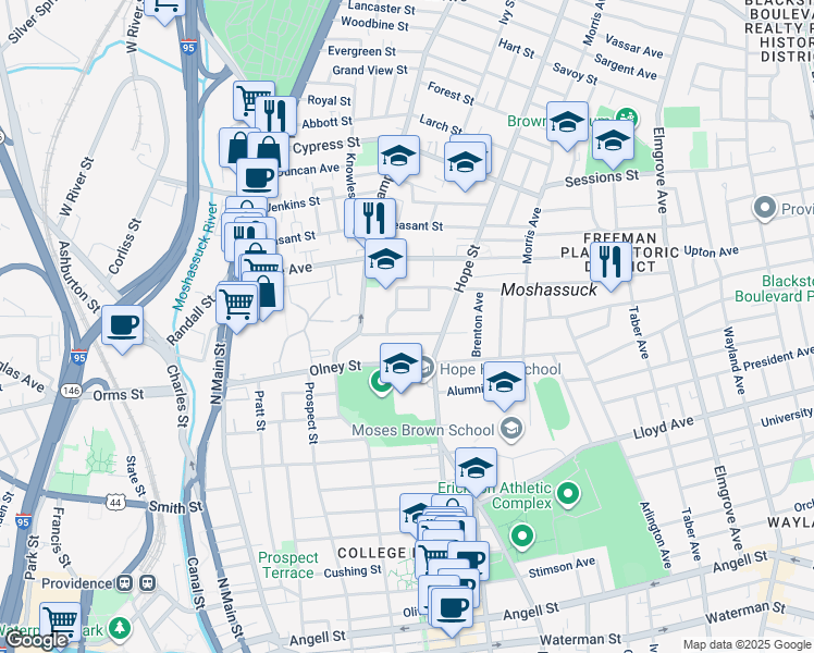 map of restaurants, bars, coffee shops, grocery stores, and more near 37 Carrington Avenue in Providence
