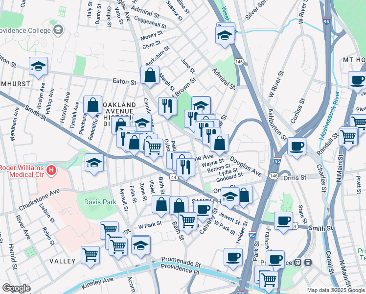 map of restaurants, bars, coffee shops, grocery stores, and more near 23 Alma Street in Providence
