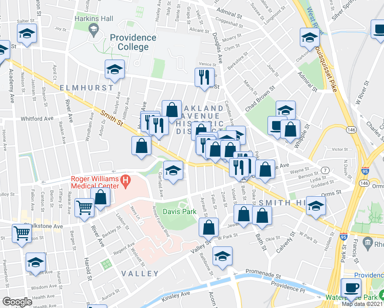 map of restaurants, bars, coffee shops, grocery stores, and more near in Providence