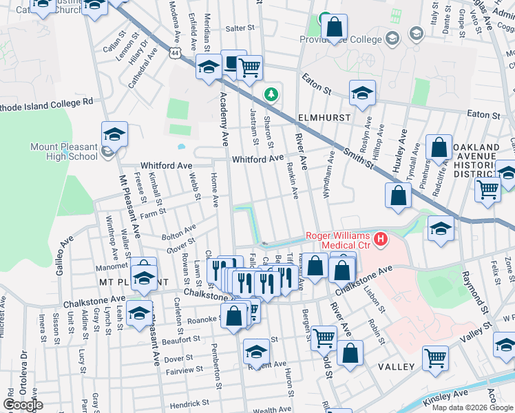 map of restaurants, bars, coffee shops, grocery stores, and more near 646 Pleasant Valley Parkway in Providence