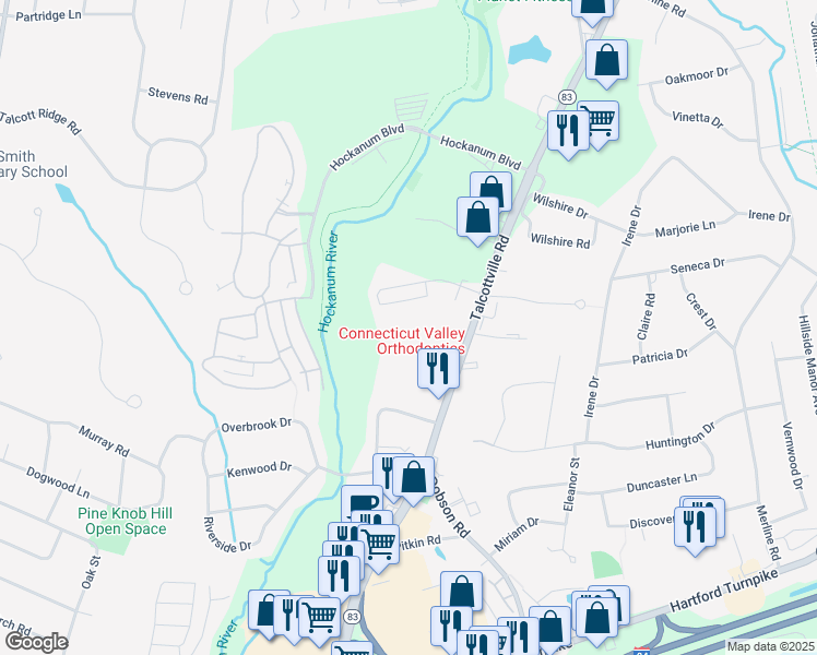 map of restaurants, bars, coffee shops, grocery stores, and more near 243 Talcottville Road in Vernon