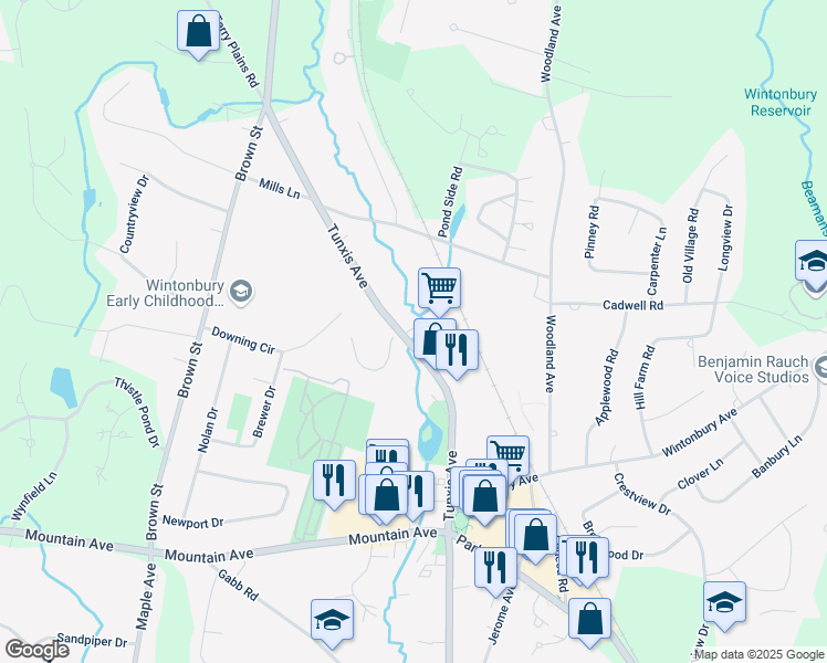 map of restaurants, bars, coffee shops, grocery stores, and more near 56 Tunxis Avenue in Bloomfield