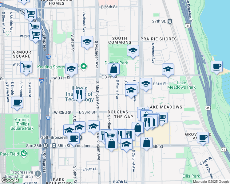 map of restaurants, bars, coffee shops, grocery stores, and more near 3200 South Prairie Avenue in Chicago