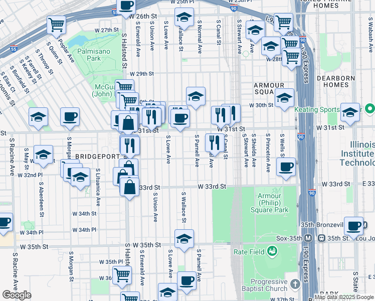 map of restaurants, bars, coffee shops, grocery stores, and more near 538 West 32nd Street in Chicago