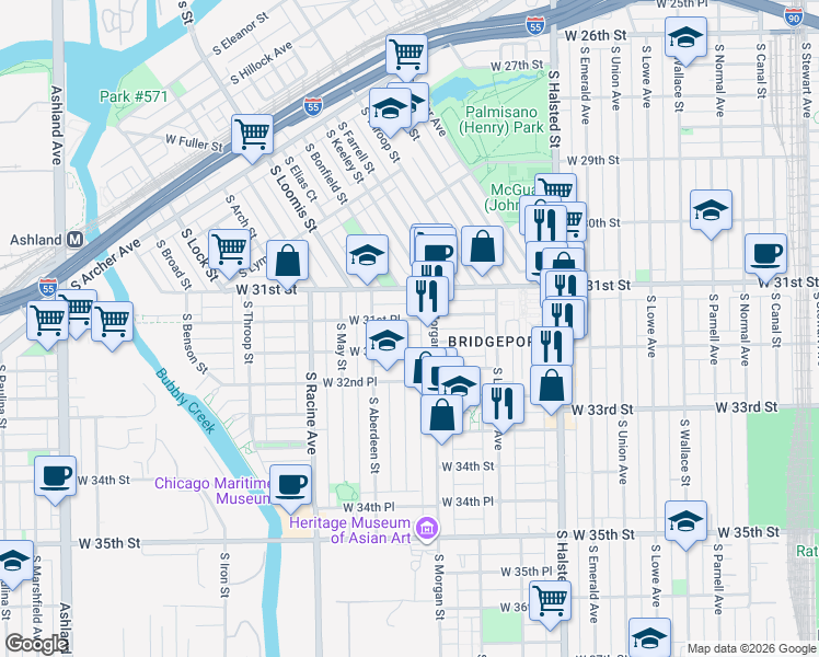 map of restaurants, bars, coffee shops, grocery stores, and more near 1032 West 32nd Street in Chicago