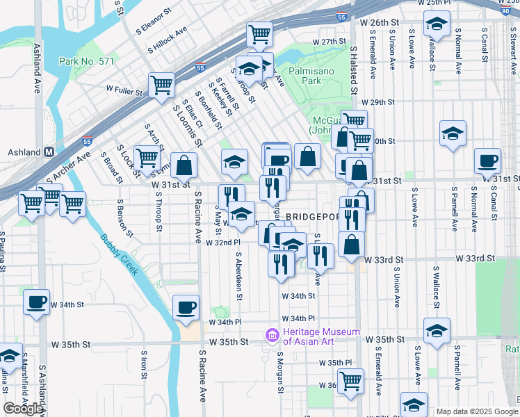 map of restaurants, bars, coffee shops, grocery stores, and more near 1032 West 32nd Street in Chicago
