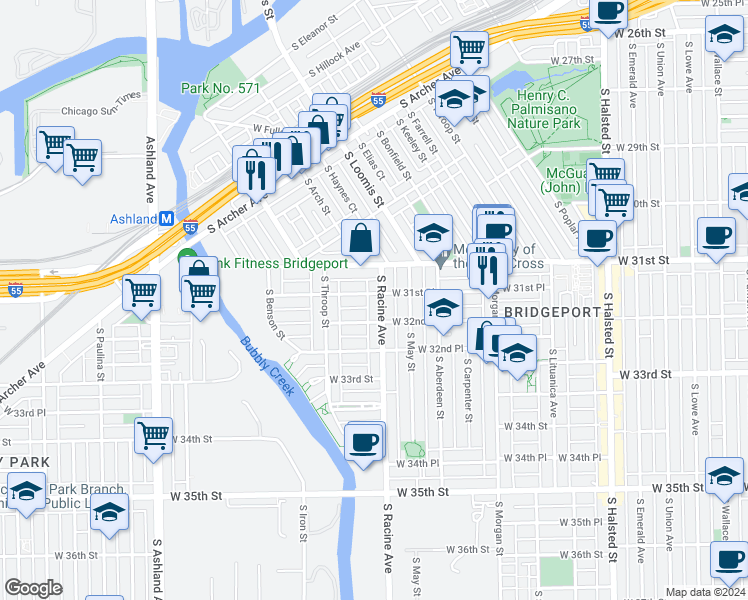 map of restaurants, bars, coffee shops, grocery stores, and more near 1226 West 32nd Street in Chicago