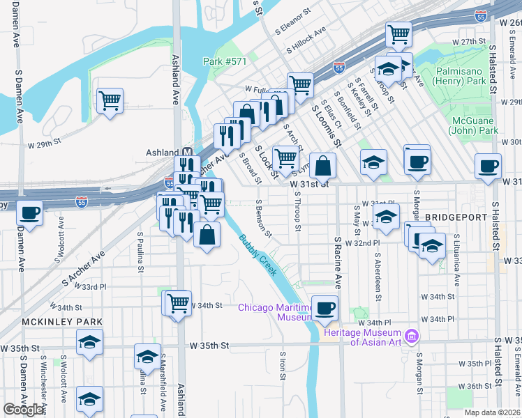 map of restaurants, bars, coffee shops, grocery stores, and more near 1339 West 31st Place in Chicago