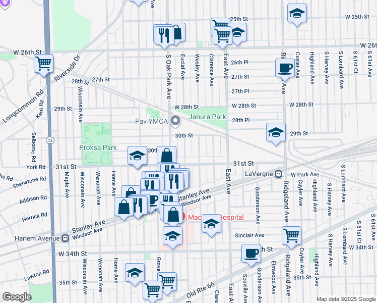 map of restaurants, bars, coffee shops, grocery stores, and more near 3036 Euclid Avenue in Berwyn