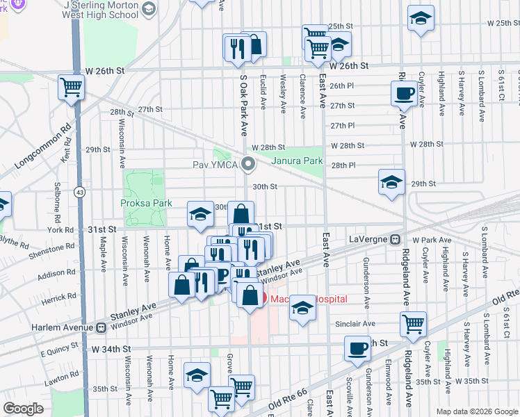 map of restaurants, bars, coffee shops, grocery stores, and more near 3036 Euclid Avenue in Berwyn