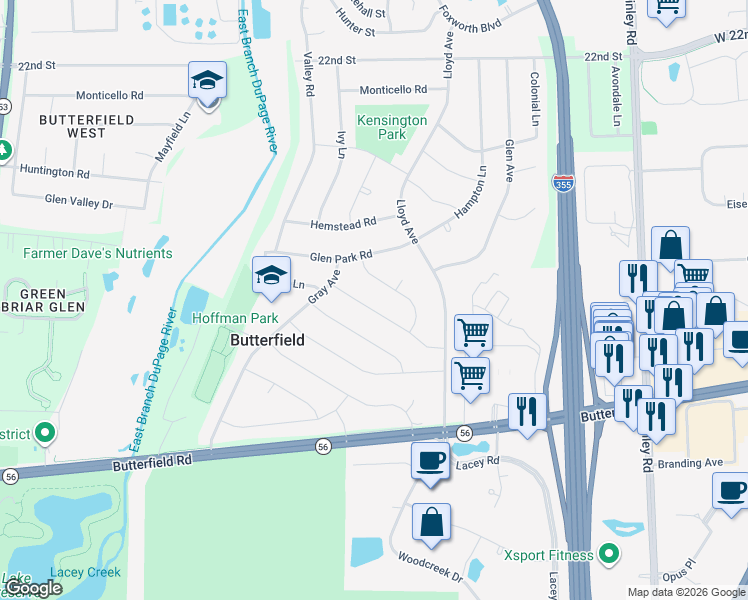 map of restaurants, bars, coffee shops, grocery stores, and more near 21W165 Everest Road in Lombard