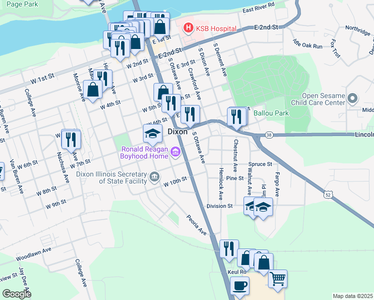 map of restaurants, bars, coffee shops, grocery stores, and more near 816 South Galena Avenue in Dixon
