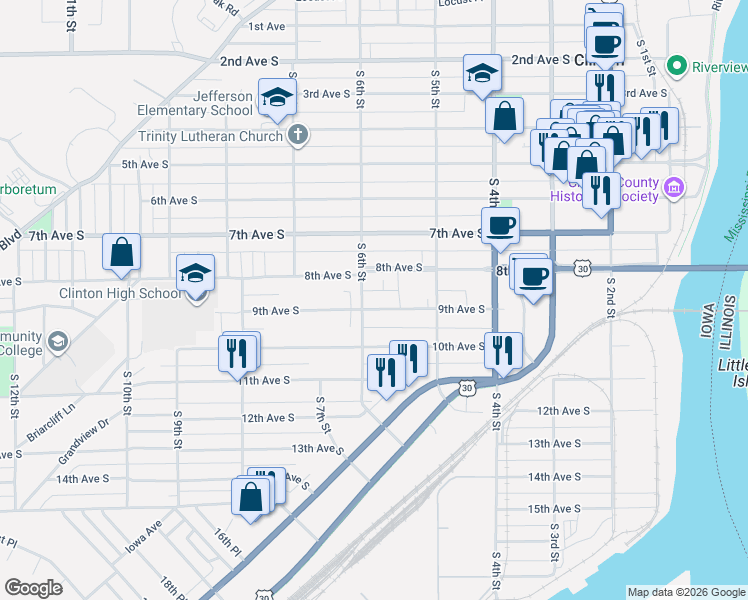 map of restaurants, bars, coffee shops, grocery stores, and more near 501-599 9th Avenue South in Clinton