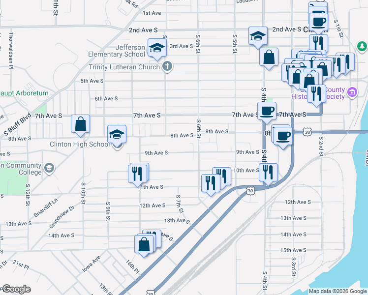 map of restaurants, bars, coffee shops, grocery stores, and more near 618-630 9th Avenue South in Clinton