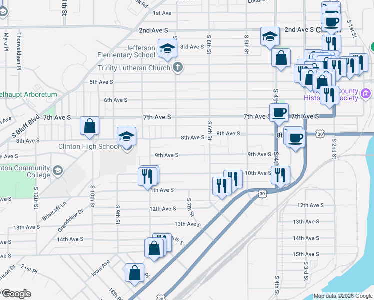 map of restaurants, bars, coffee shops, grocery stores, and more near 600-798 9th Avenue South in Clinton