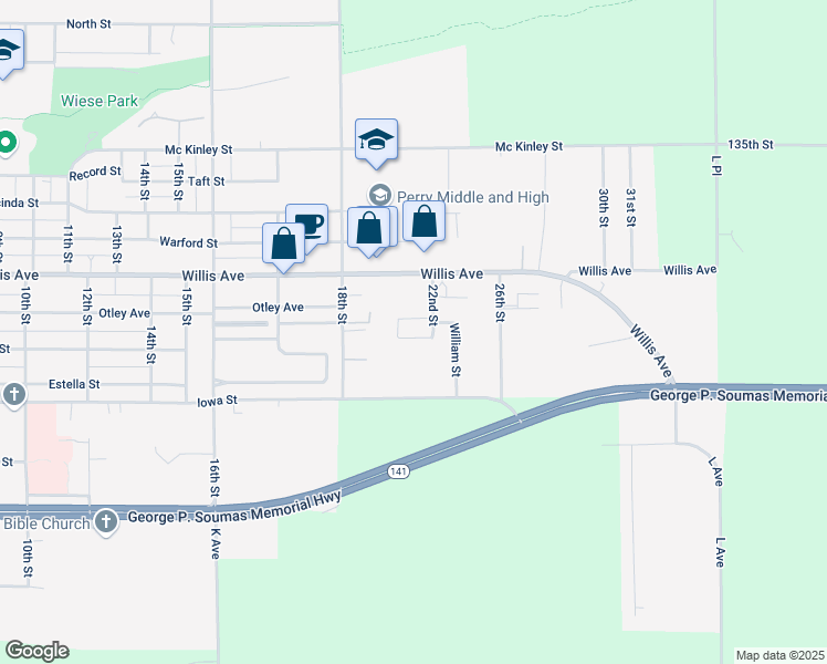 map of restaurants, bars, coffee shops, grocery stores, and more near 2917 Kading Road in Perry
