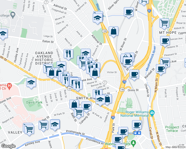 map of restaurants, bars, coffee shops, grocery stores, and more near 149 Douglas Avenue in Providence