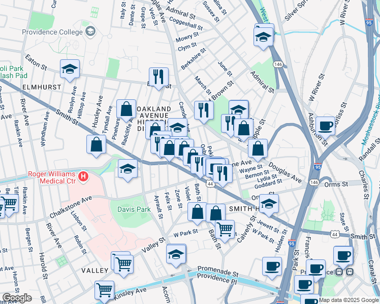 map of restaurants, bars, coffee shops, grocery stores, and more near 60 Camden Avenue in Providence