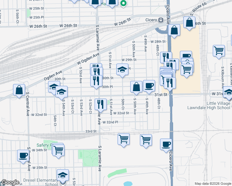 map of restaurants, bars, coffee shops, grocery stores, and more near 5059 West 31st Street in Cicero