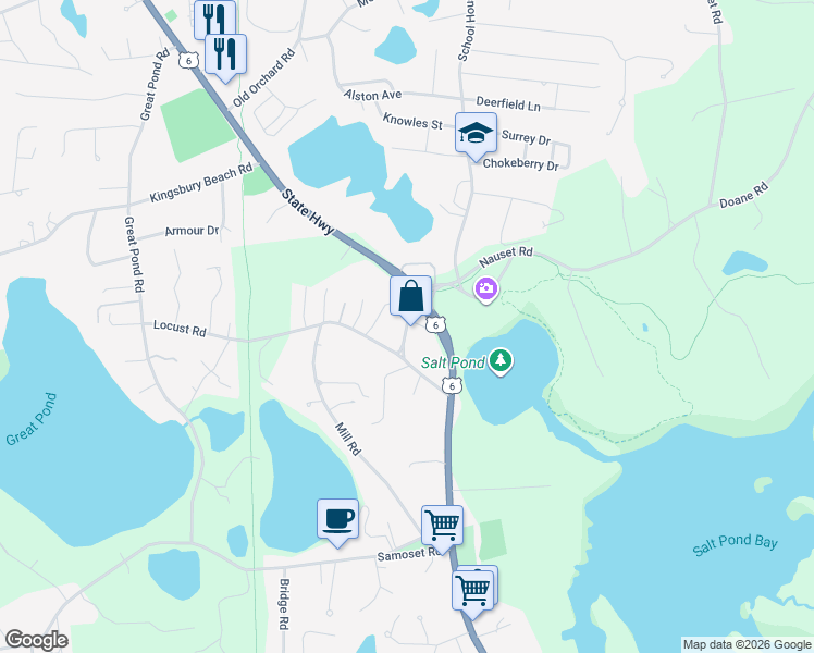 map of restaurants, bars, coffee shops, grocery stores, and more near Salt Pond Road in Eastham