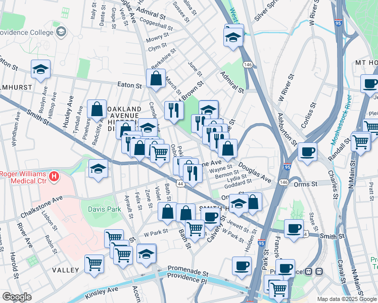 map of restaurants, bars, coffee shops, grocery stores, and more near 20 Inkerman Street in Providence