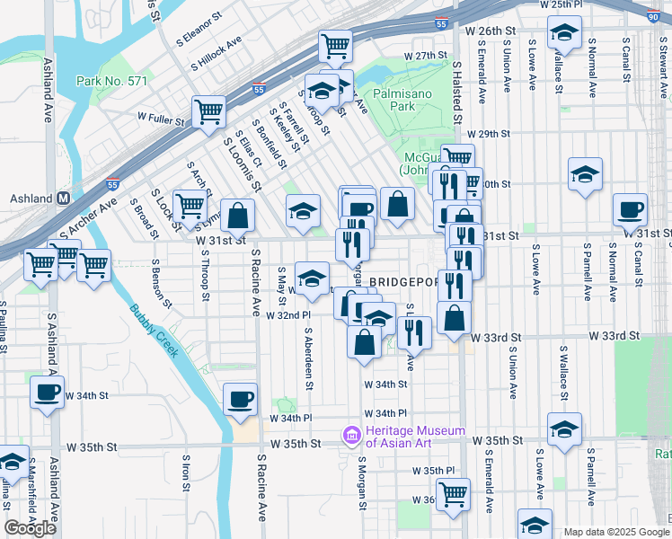 map of restaurants, bars, coffee shops, grocery stores, and more near 1032 West 32nd Street in Chicago