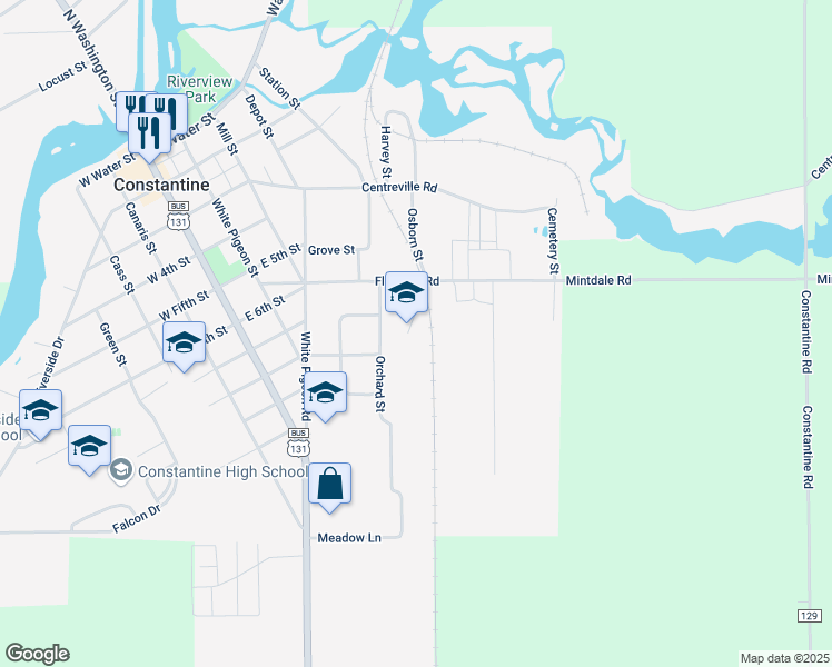 map of restaurants, bars, coffee shops, grocery stores, and more near 202 Peachtree Street in Constantine