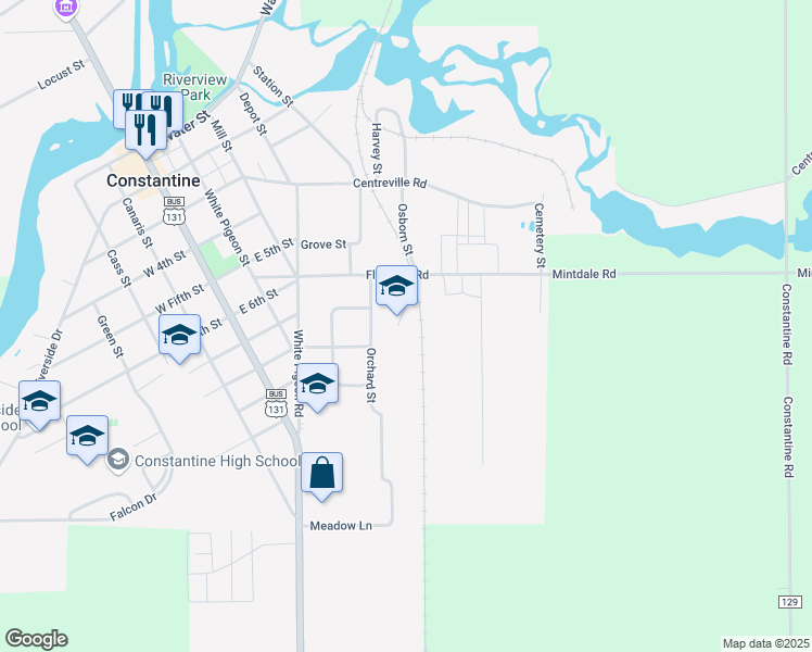 map of restaurants, bars, coffee shops, grocery stores, and more near 202 Peachtree Street in Constantine