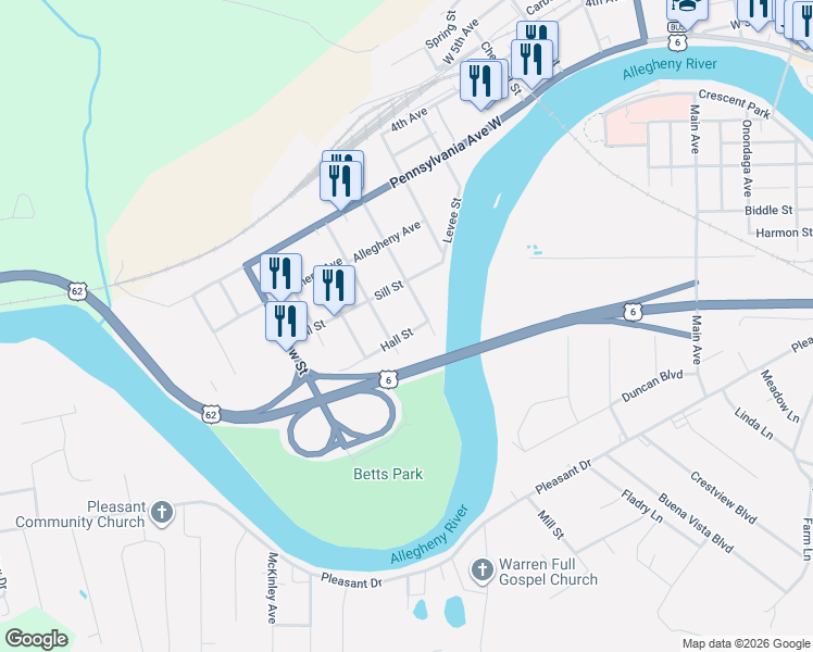 map of restaurants, bars, coffee shops, grocery stores, and more near 1407 Hall Street in Warren