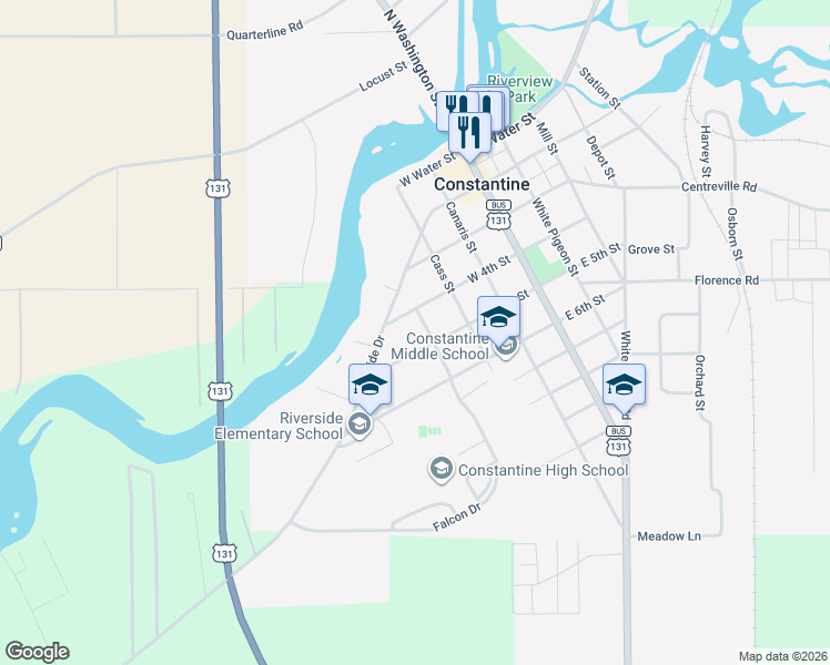 map of restaurants, bars, coffee shops, grocery stores, and more near 511 West Fifth Street in Constantine